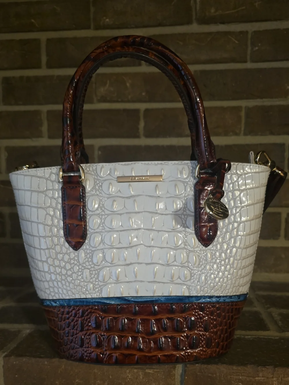 Brahmin Small Bowie Satchel Brown White